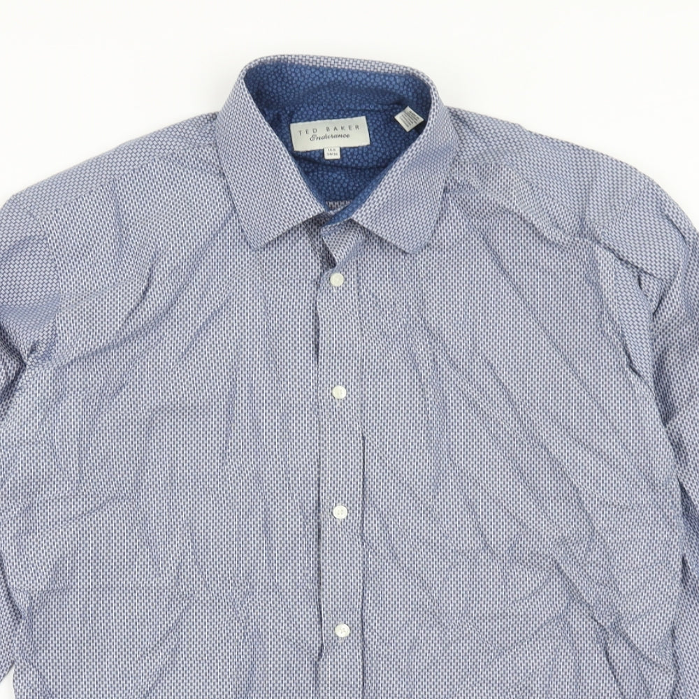 Ted Baker Mens Blue Geometric Cotton Button-Up Size 15.5 Collared Button