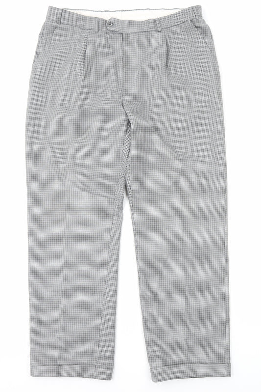 Magee Mens Grey Plaid Polyester Trousers Size L Regular Zip