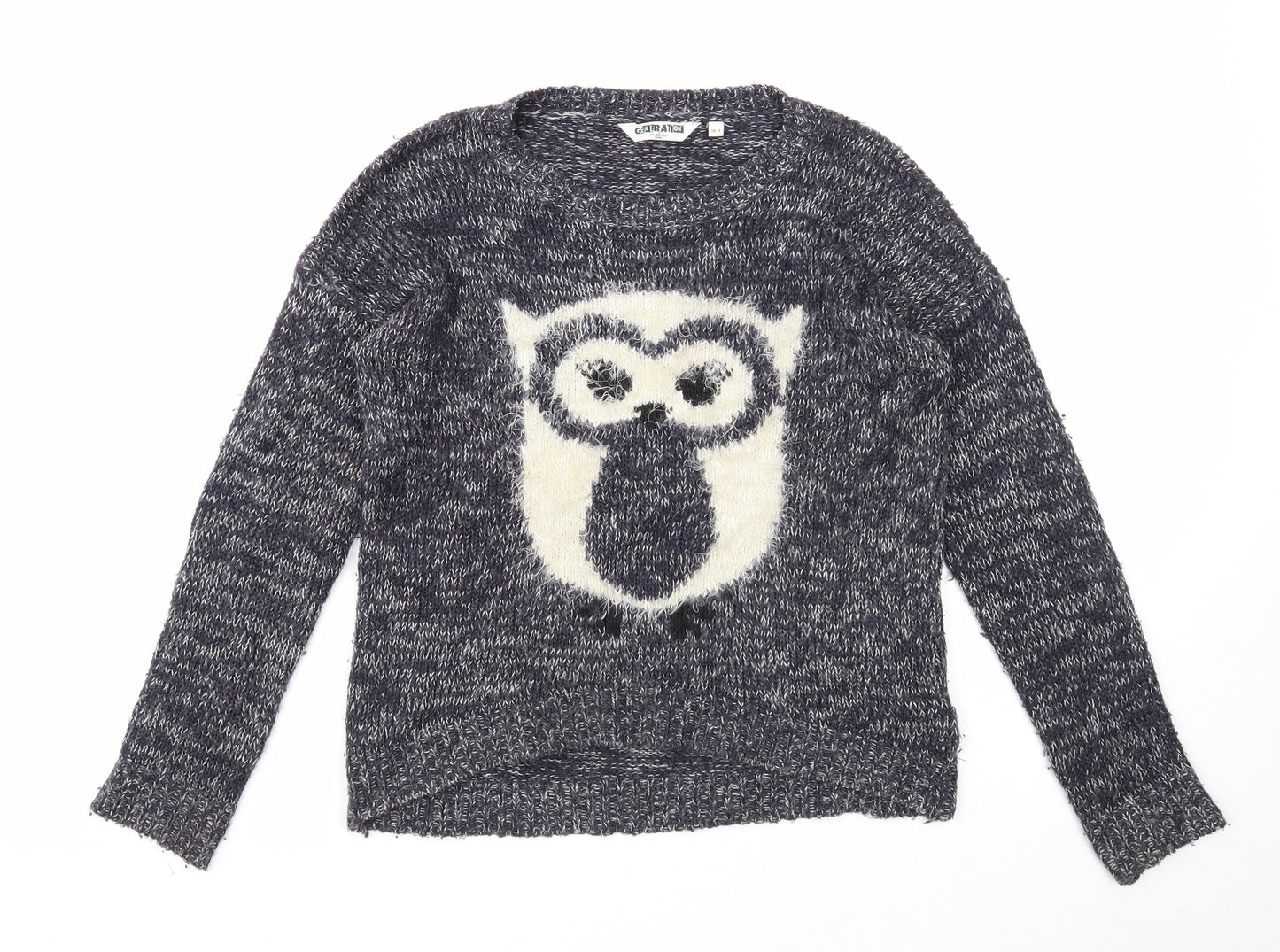 New Look Girls Black Round Neck Acrylic Pullover Jumper Size 10-11 Years Pullover - Owl