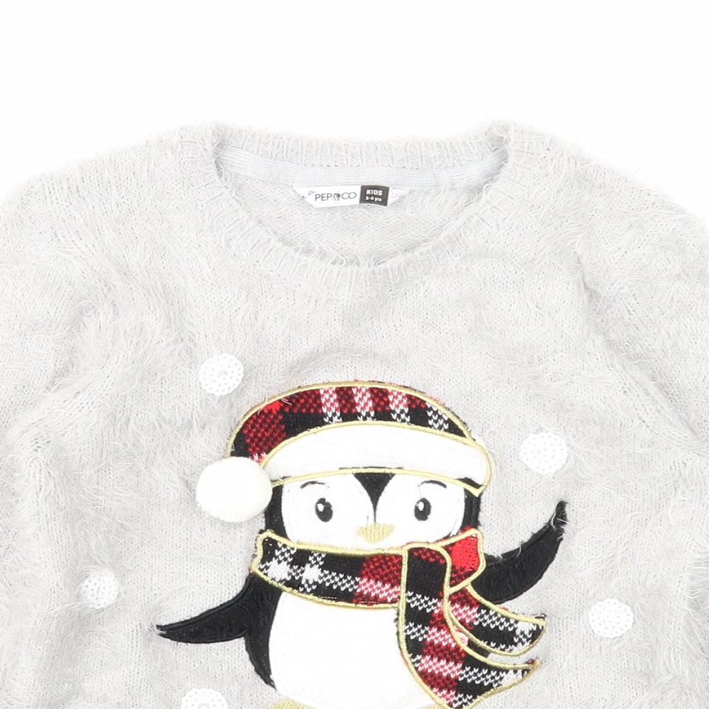 PEP&CO Girls Grey Round Neck Nylon Pullover Jumper Size 5-6 Years Pullover - Christmas Penguin