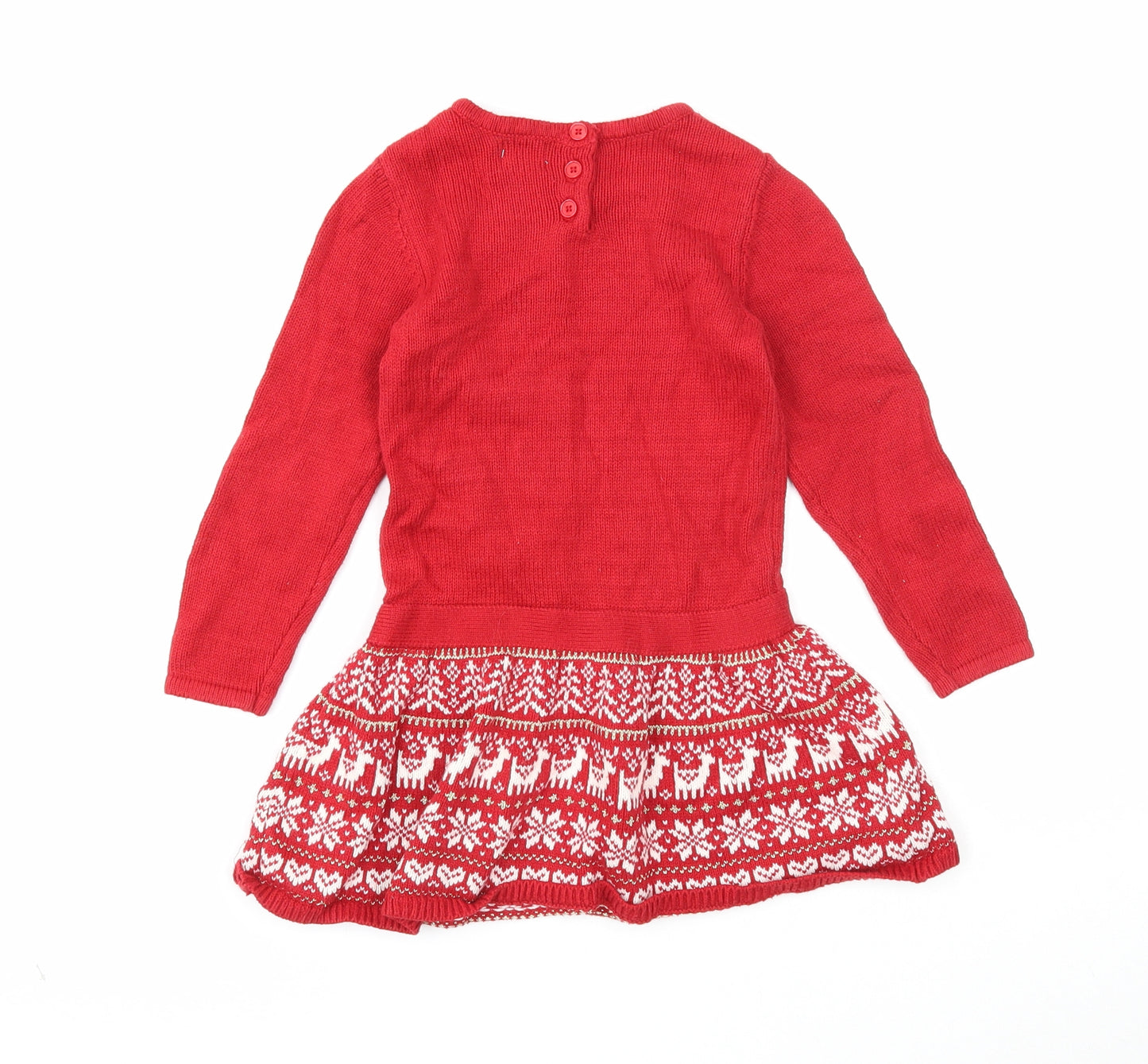 Preworn Girls Red Cotton Jumper Dress Size 2-3 Years Round Neck Button