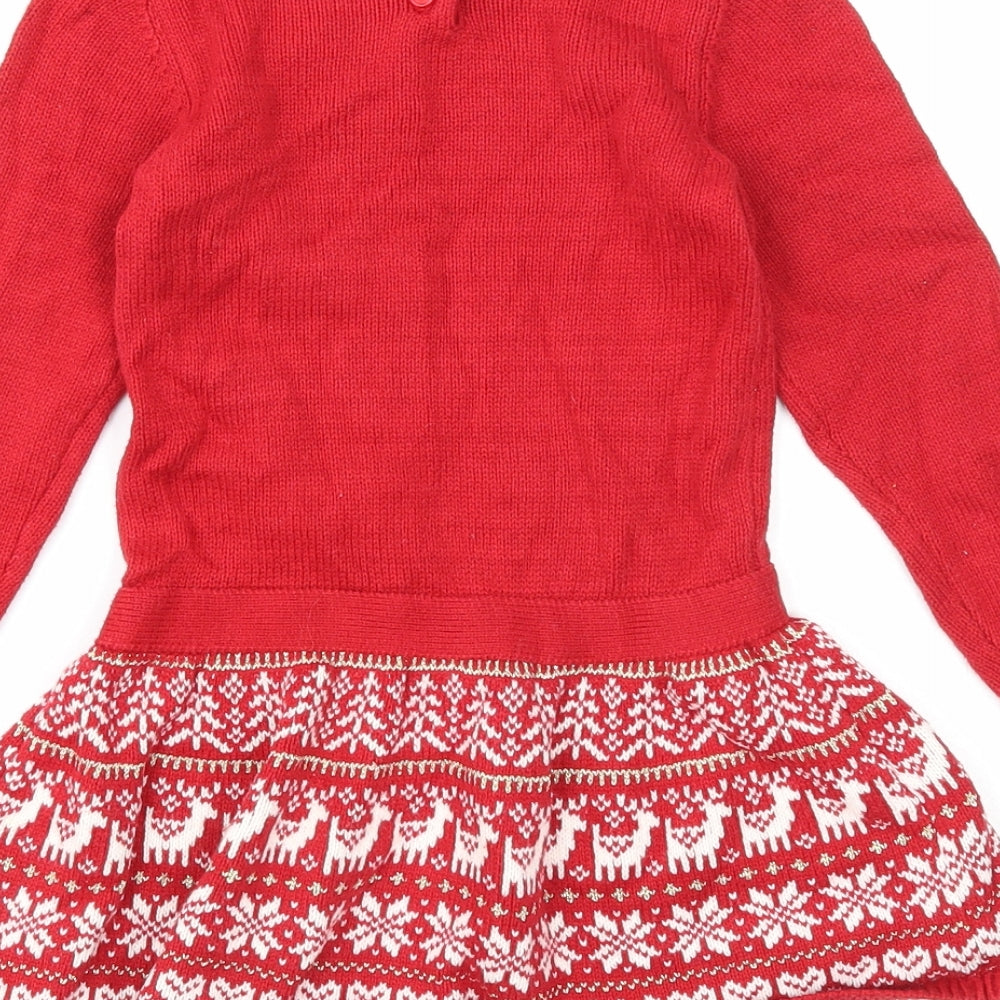Preworn Girls Red Cotton Jumper Dress Size 2-3 Years Round Neck Button