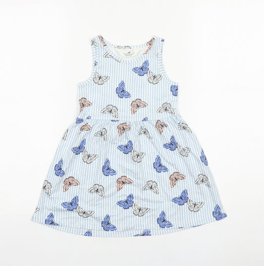 H&M Girls Blue Geometric 100% Cotton T-Shirt Dress Size 3-4 Years Round Neck Pullover - Butterfly Detail