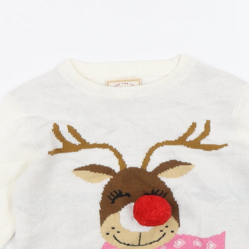 Preworn Girls Ivory Round Neck Acrylic Pullover Jumper Size 5-6 Years Pullover - Reindeer Print