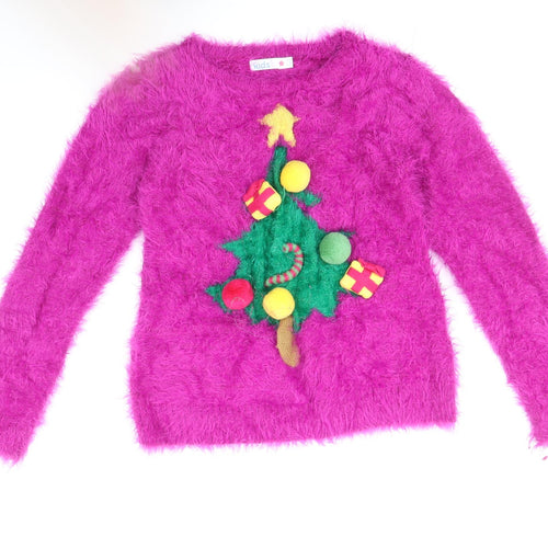 M&Co Girls Pink Boat Neck Nylon Pullover Jumper Size 9-10 Years Pullover - Fluffy Christmas Tree