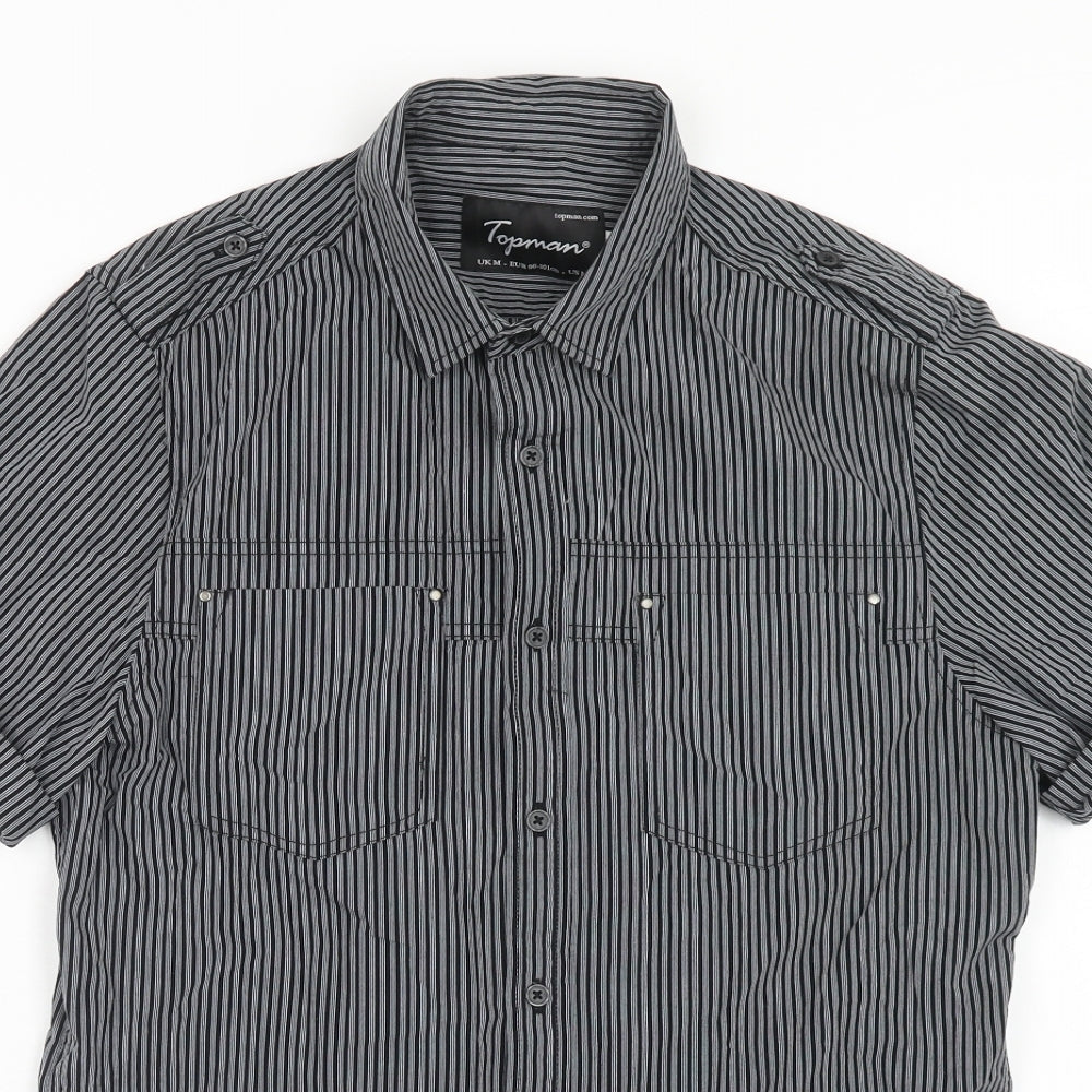 Topman Mens Grey Striped Cotton Button-Up Size M Collared Button