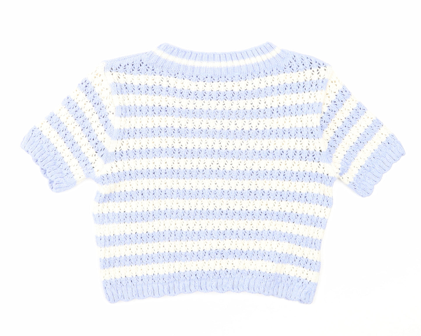 Marks and Spencer Girls Blue Round Neck Striped Cotton Pullover Jumper Size 9-10 Years Pullover
