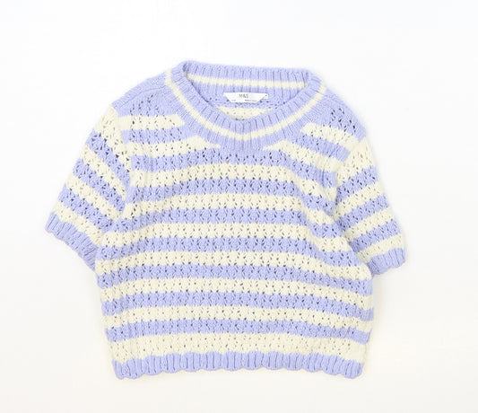 Marks and Spencer Girls Blue Round Neck Striped Cotton Pullover Jumper Size 7-8 Years Pullover