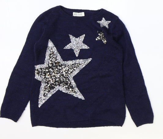 H&M Girls Blue Round Neck Acrylic Pullover Jumper Size 9-10 Years Pullover - Star