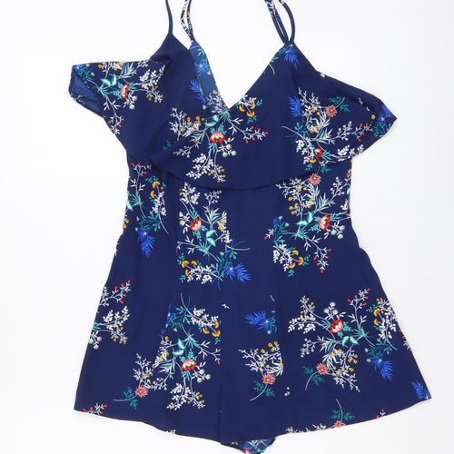 FOREVER 21 Womens Blue Floral Polyester Playsuit One-Piece Size S Zip