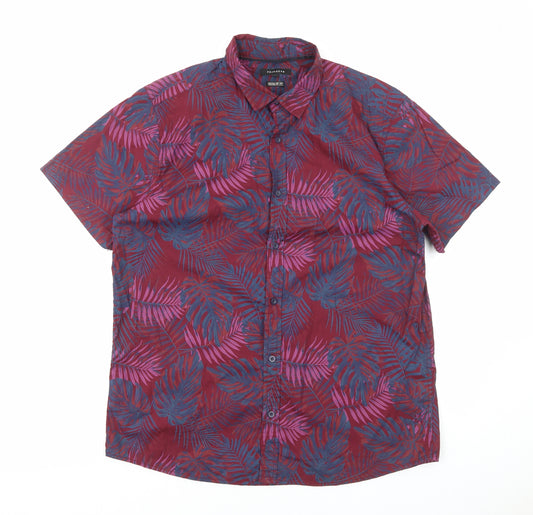 Peacocks Mens Red Geometric Cotton Button-Up Size L Collared Button - Leaf Print