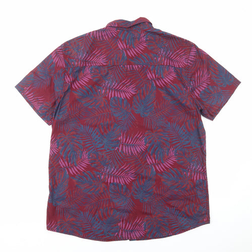 Peacocks Mens Red Geometric Cotton Button-Up Size L Collared Button - Leaf Print