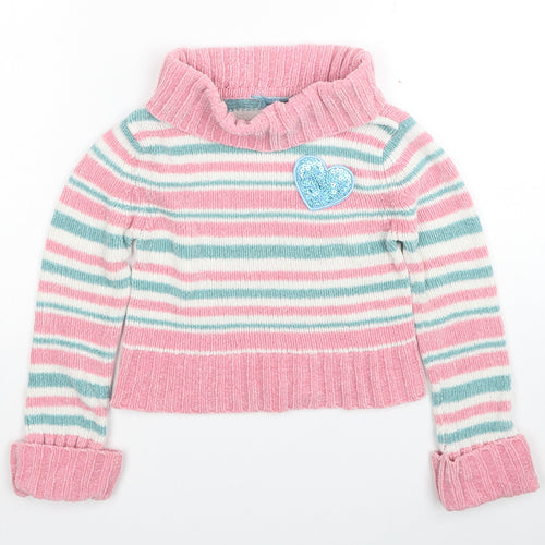 Ladybird Girls Pink Roll Neck Striped Acrylic Pullover Jumper Size 4-5 Years Pullover