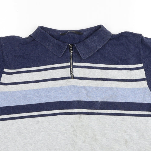 George Mens Grey Striped Cotton Polo Size L Collared Pullover