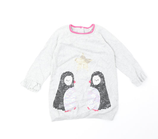 Marks and Spencer Girls Grey Round Neck 100% Cotton Pullover Jumper Size 2-3 Years Button - Christmas