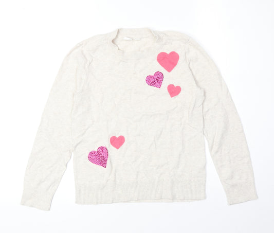 Gap Girls Beige Round Neck 100% Cotton Pullover Jumper Size 12 Years Pullover - Hearts