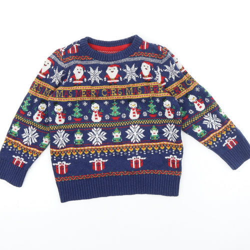 TU Boys Blue Round Neck Fair Isle 100% Cotton Pullover Jumper Size 3-4 Years Pullover - Christmas