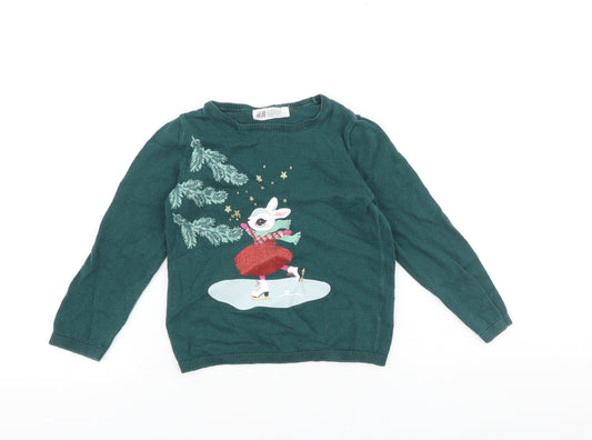 H&M Girls Green Round Neck 100% Cotton Pullover Jumper Size 3-4 Years Pullover - Ice Skating Rabbit