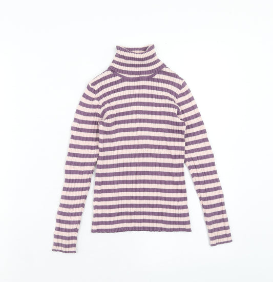 Nutmeg Girls Purple Roll Neck Striped Cotton Pullover Jumper Size 8-9 Years Pullover