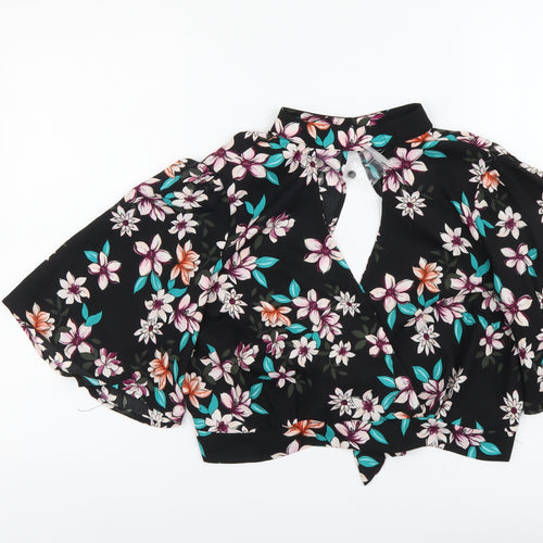 Charlotte Russe Womens Black Floral Viscose Cropped Blouse Size L V-Neck - Tie Detail