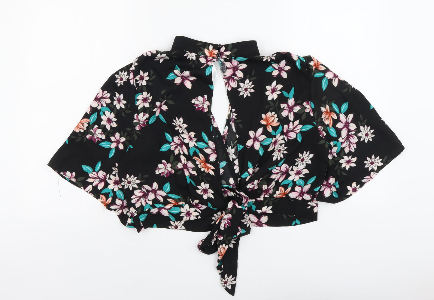 Charlotte Russe Womens Black Floral Viscose Cropped Blouse Size L V-Neck - Tie Detail