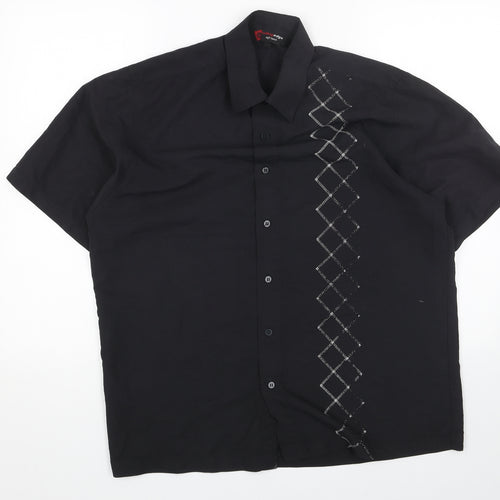 Cutting Edge Mens Black Geometric Polyester Button-Up Size L Collared Button