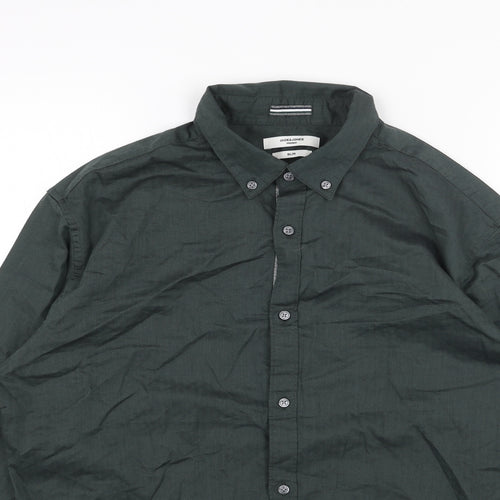 JACK & JONES Mens Green Cotton Button-Up Size L Collared Button