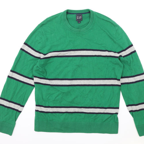 Gap Mens Green Round Neck Striped Cotton Pullover Jumper Size M Long Sleeve