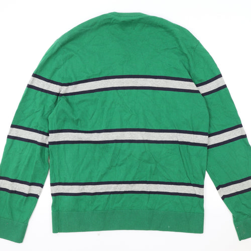 Gap Mens Green Round Neck Striped Cotton Pullover Jumper Size M Long Sleeve
