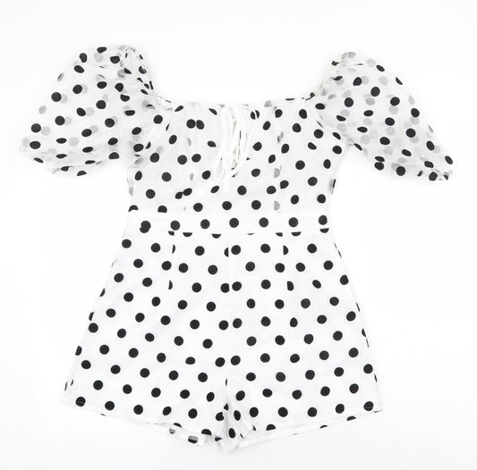 Missguided Womens White Polka Dot Polyester Playsuit One-Piece Size 8 Zip