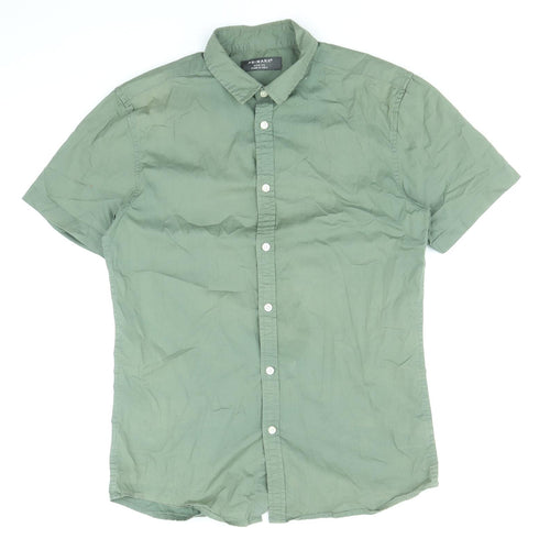 Primark Mens Green Cotton Button-Up Size M Collared Button