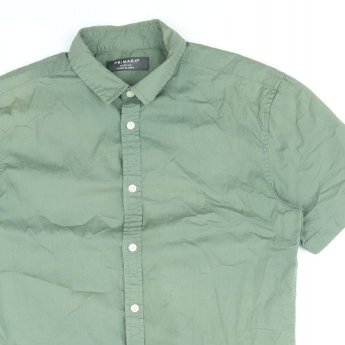 Primark Mens Green Cotton Button-Up Size M Collared Button