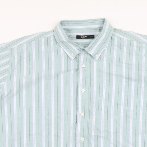 Cotton Traders Mens Green Striped Cotton Button-Up Size XL Collared Button