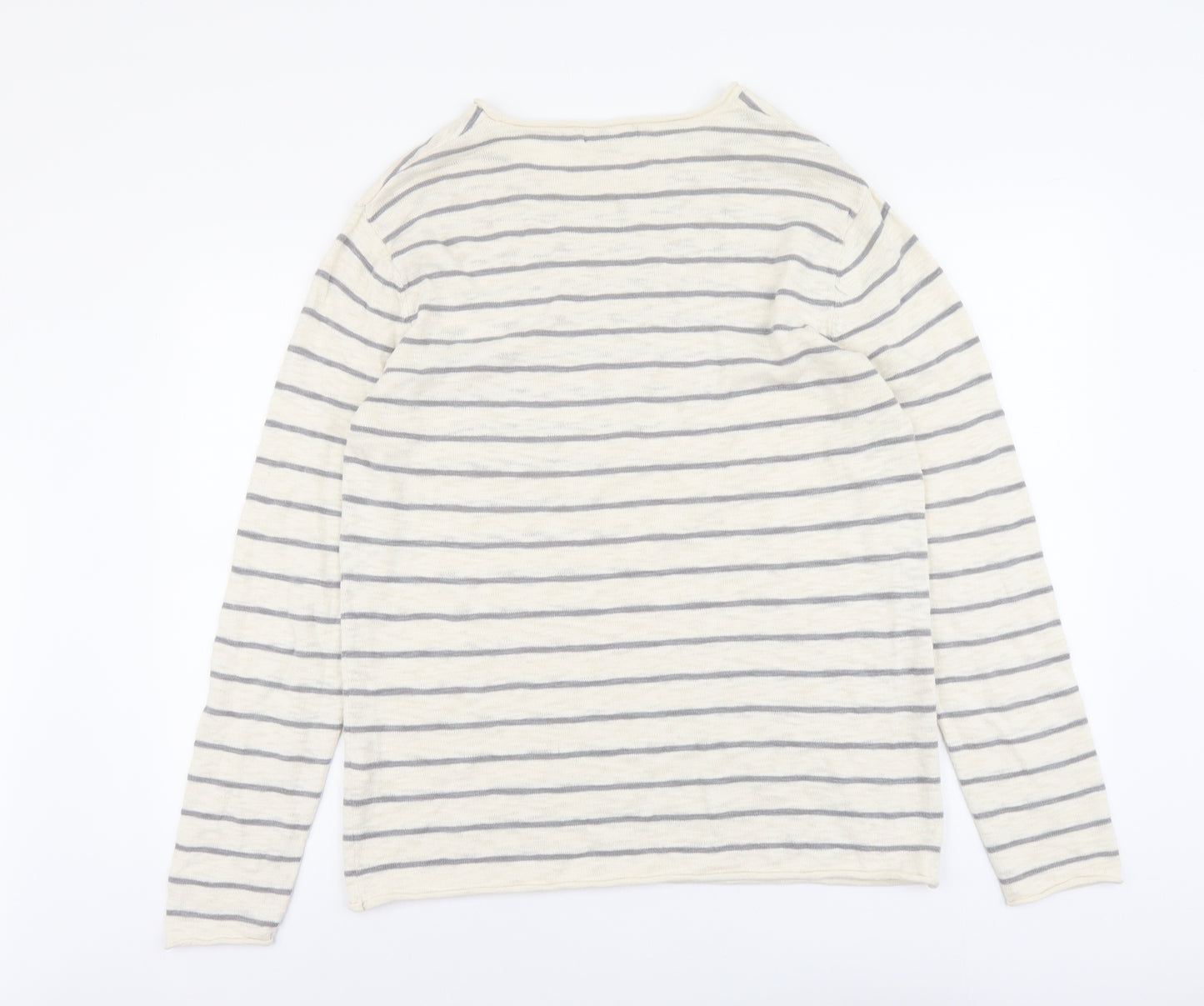 River Island Mens Beige Round Neck Striped Cotton Pullover Jumper Size M Long Sleeve