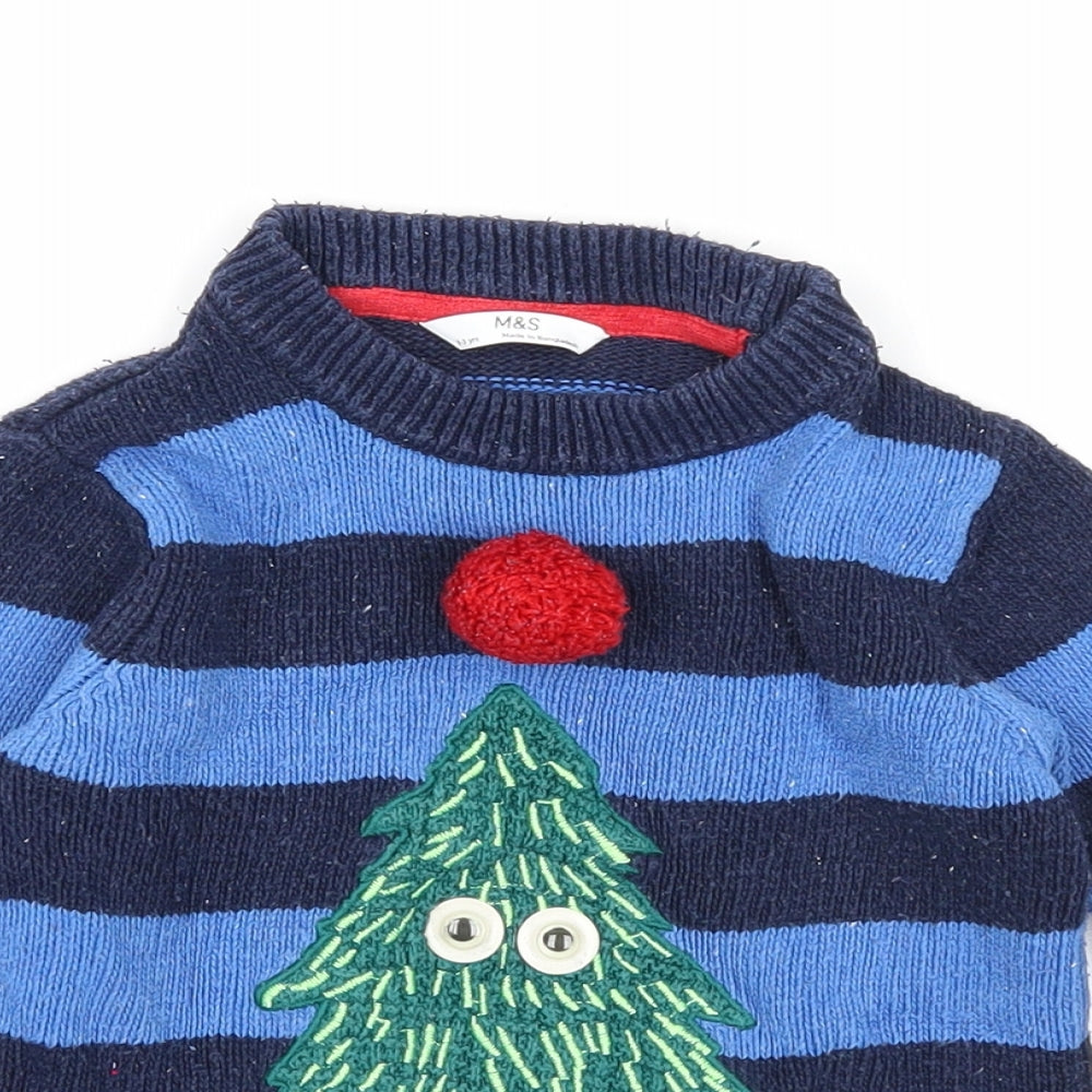 Marks and Spencer Boys Blue Round Neck Striped Cotton Pullover Jumper Size 2-3 Years Pullover - Christmas