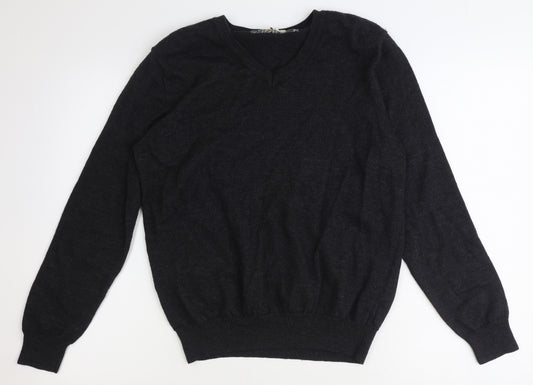 River Island Mens Black Round Neck Acrylic Pullover Jumper Size L Long Sleeve - Elbow Patches