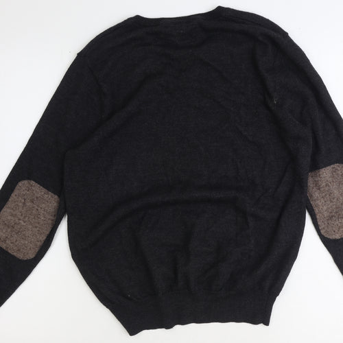 River Island Mens Black Round Neck Acrylic Pullover Jumper Size L Long Sleeve - Elbow Patches