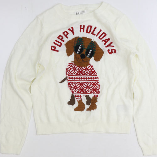 H&M Girls Ivory Round Neck Acrylic Pullover Jumper Size 10-11 Years Pullover - Puppy Holidays
