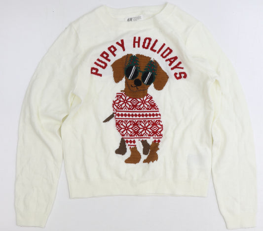 H&M Girls Ivory Round Neck Acrylic Pullover Jumper Size 10-11 Years Pullover - Puppy Holidays