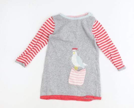Baby Boden Girls Grey Striped Cotton Jumper Dress Size 2 Years Round Neck Button - Bird