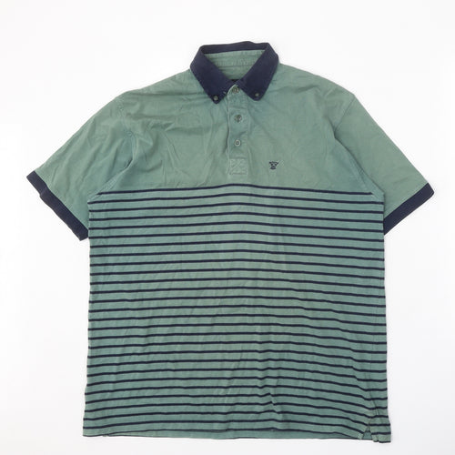 EWM Mens Green Striped 100% Cotton Polo Size M Collared Button