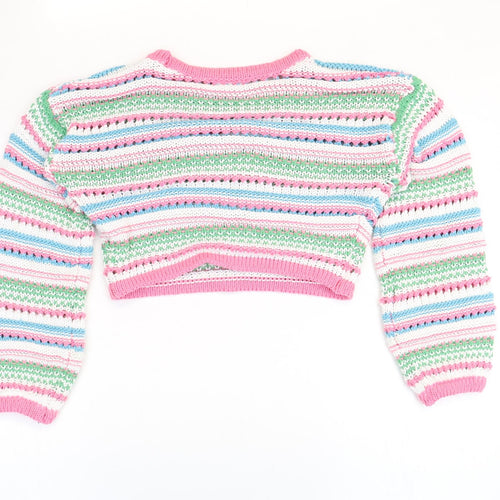 I love girlswear Girls Pink Round Neck Striped Polyester Pullover Jumper Size 10 Years Pullover