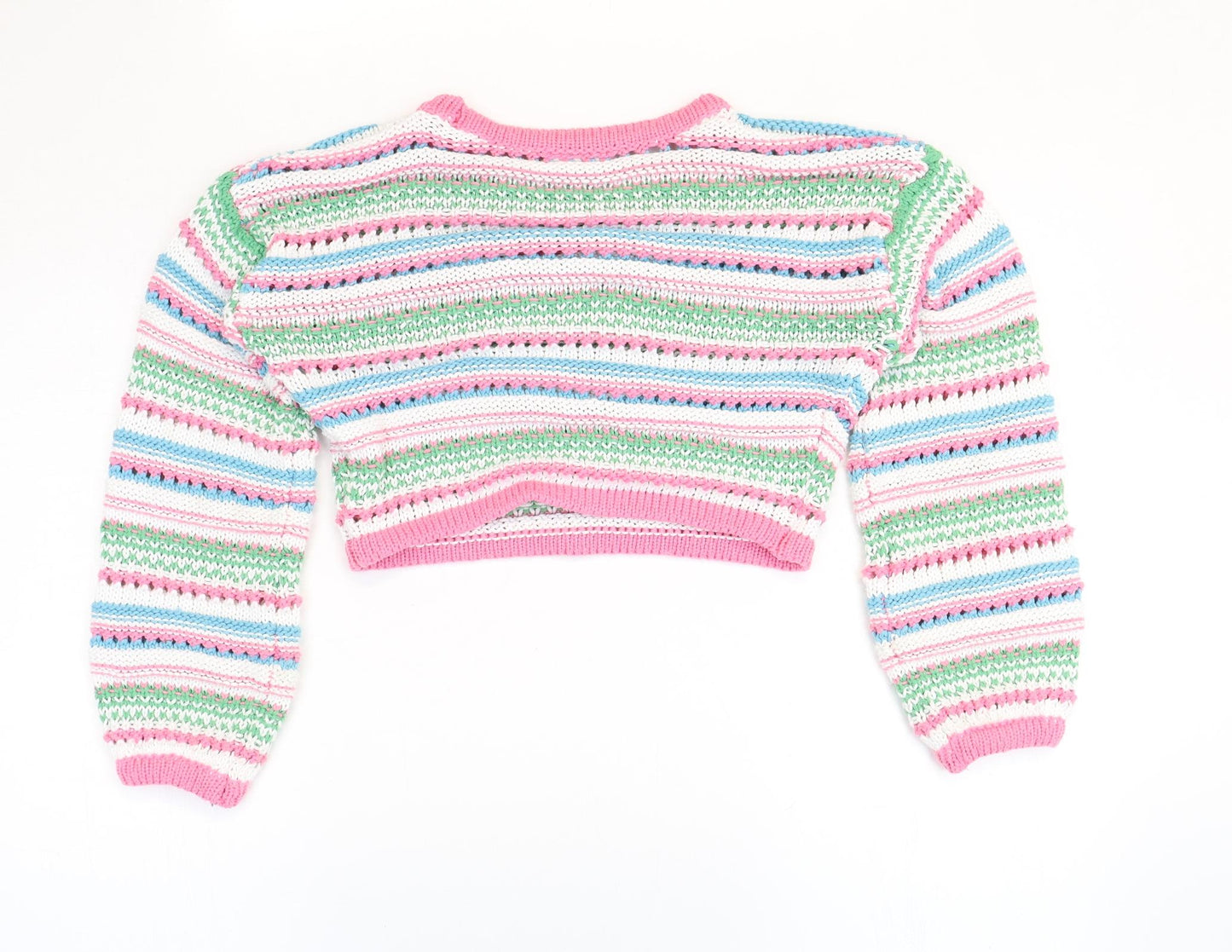 I love girlswear Girls Pink Round Neck Striped Polyester Pullover Jumper Size 10 Years Pullover