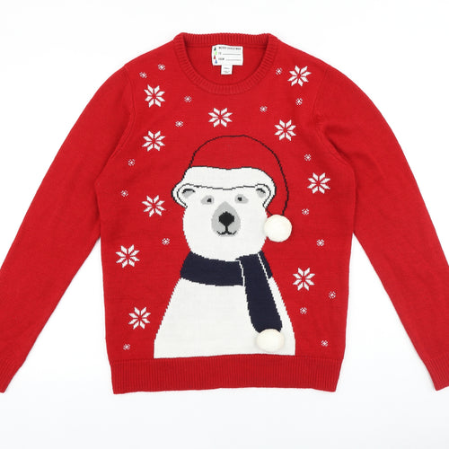 Preworn Mens Red Round Neck Acrylic Pullover Jumper Size S Long Sleeve - Christmas Polar Bear