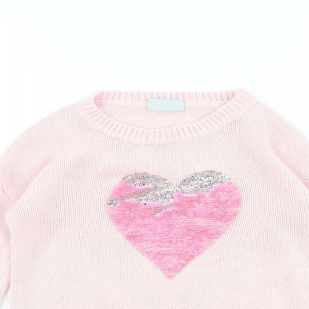 Matalan Girls Pink Round Neck 100% Cotton Pullover Jumper Size 6 Years Pullover - Heart Print