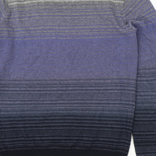 River Island Mens Blue Round Neck Striped Cotton Pullover Jumper Size S Long Sleeve
