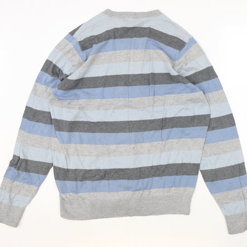 Marks and Spencer Mens Grey V-Neck Striped Cotton Pullover Jumper Size M Long Sleeve