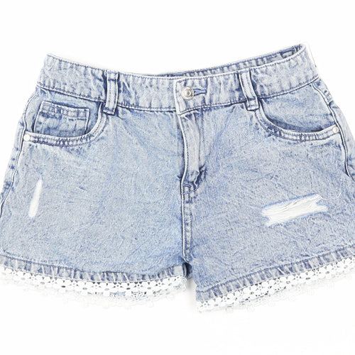 F&F Girls Blue Cotton Boyfriend Shorts Size 12-13 Years Regular Zip - Lace Detail