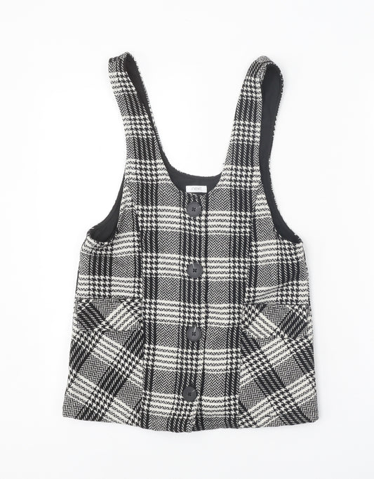 NEXT Girls Black Houndstooth Polyester Pinafore/Dungaree Dress Size 7 Years Scoop Neck Button