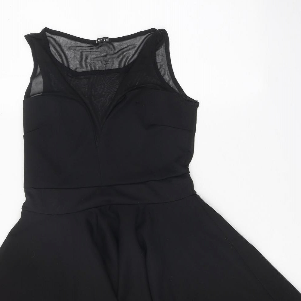 Evita Womens Black Herringbone Polyester Skater Dress Size 12 Boat Neck Pullover